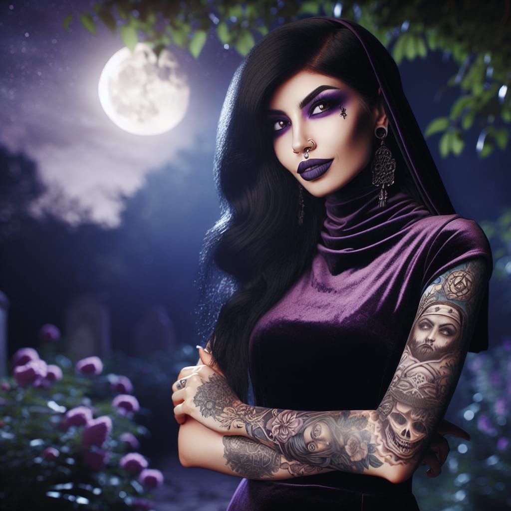 Gothic Woman in Moonlight with Purple Dress and Tattoos