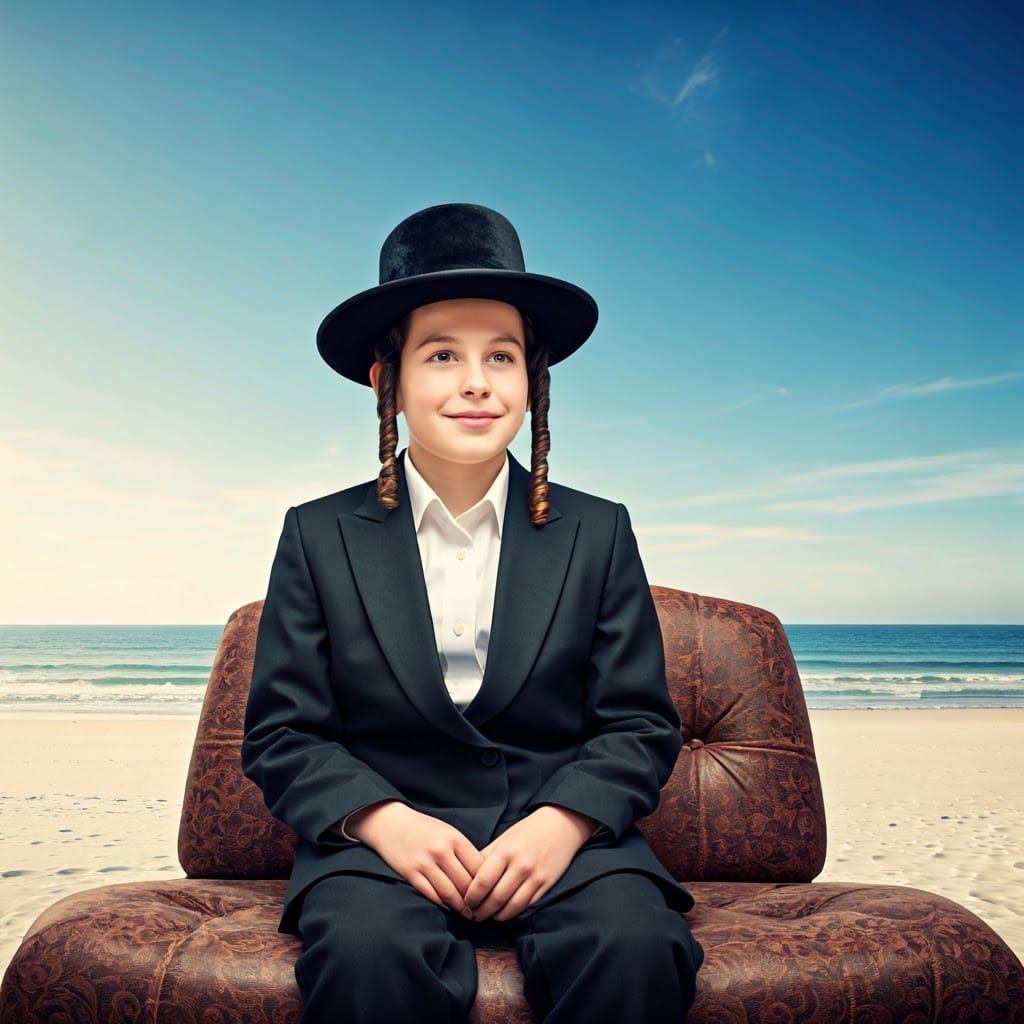 Orthodox Boy on Beach in Surreal Landscape