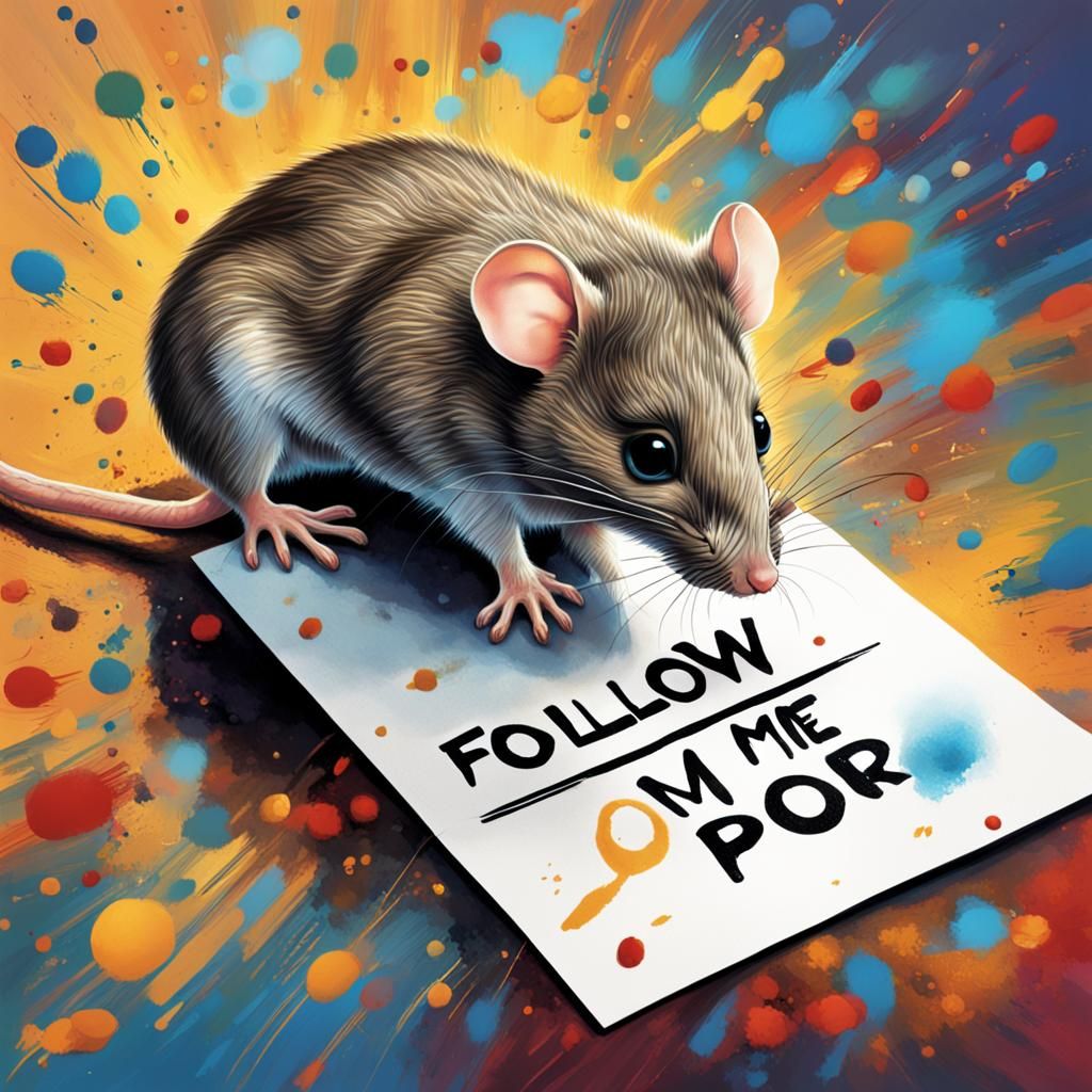 Mouse with 'Follow Me' Sign: Hyperrealistic Digital Art