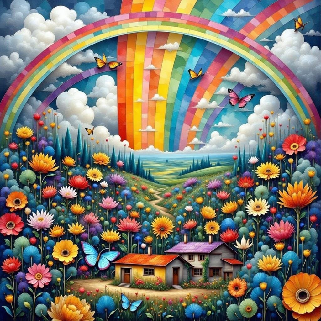 Rainbow Village Inspired by Klimt and Schiele