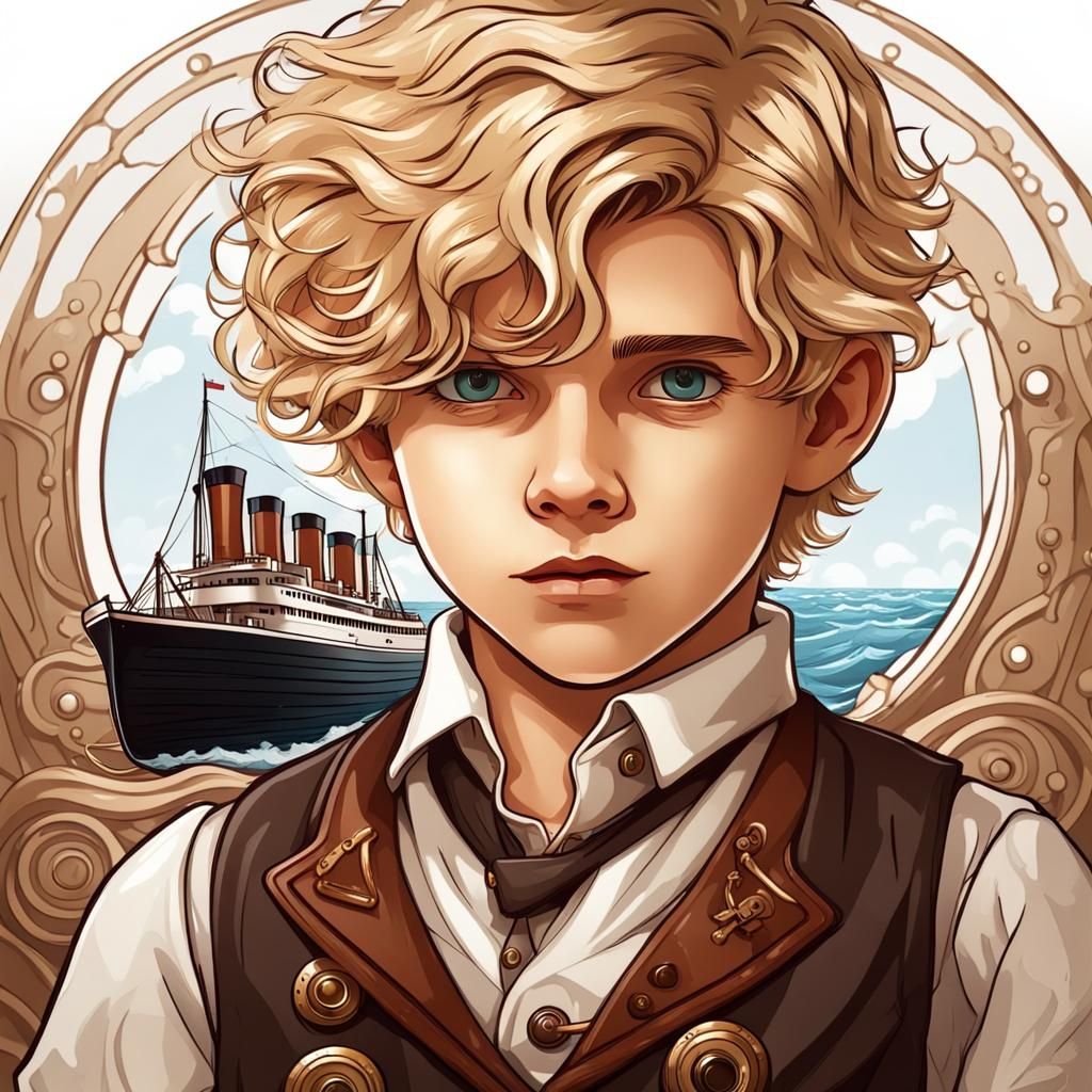 Boy near Titanic with Steampunk Engine