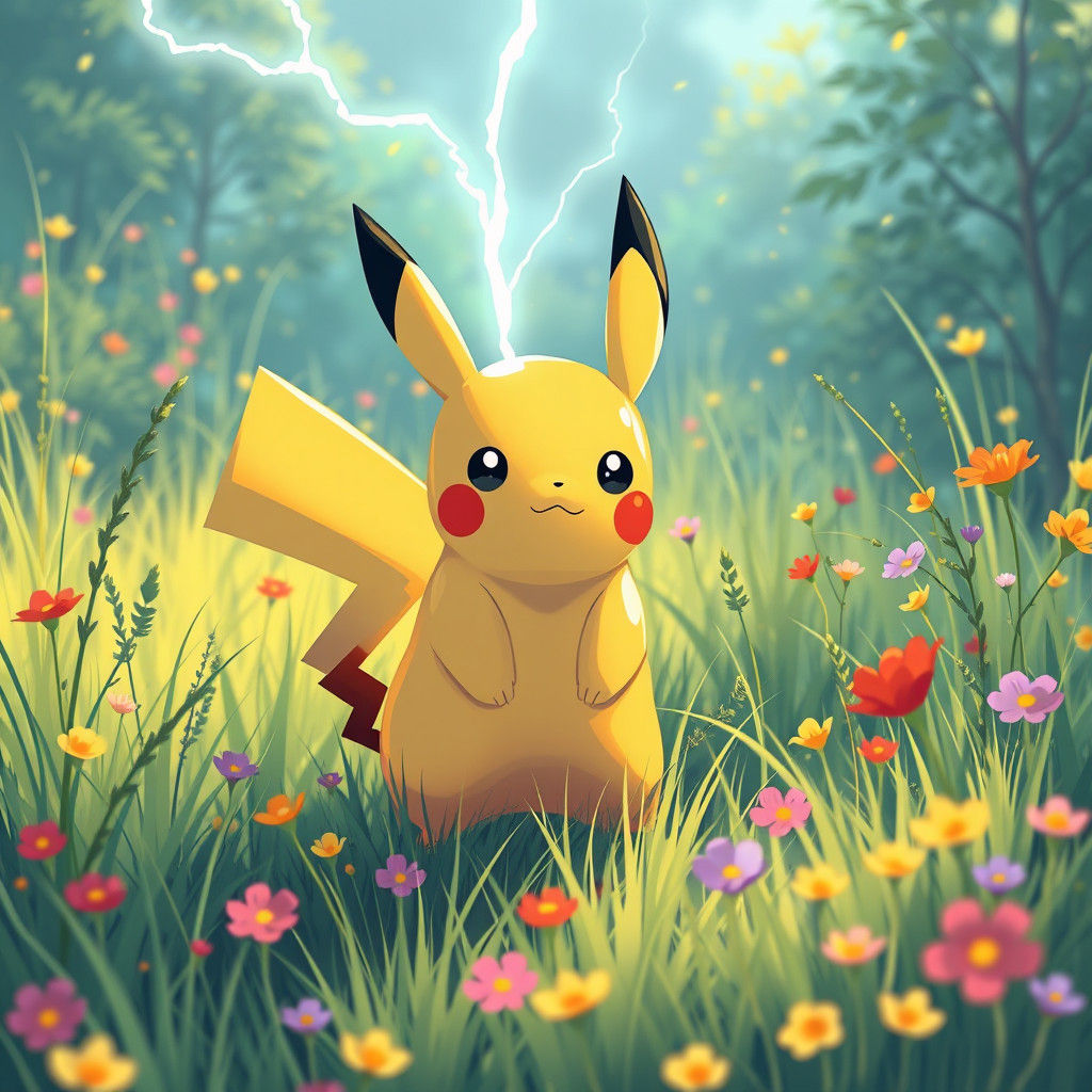Pikachu in Meadow, Anime Style