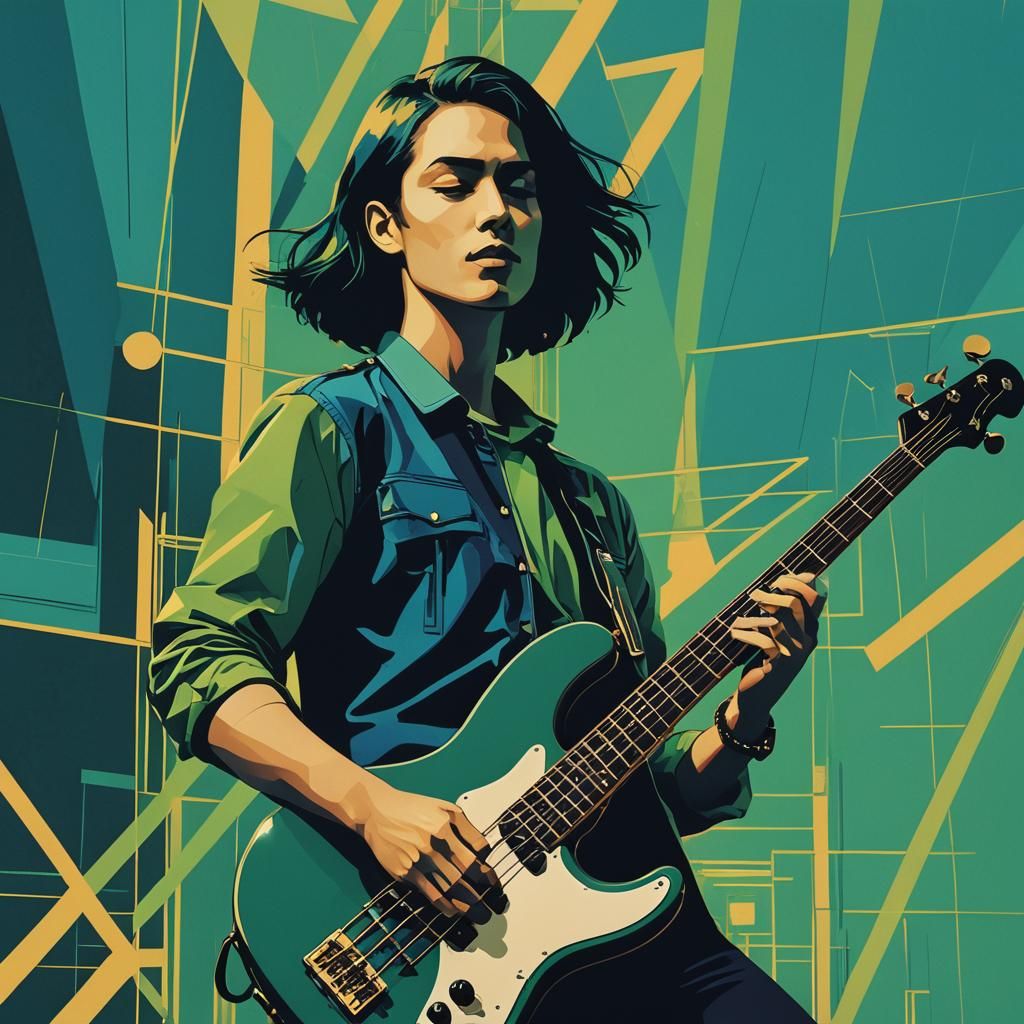 Bauhaus Style Bass Player in Geometric Triadic Print