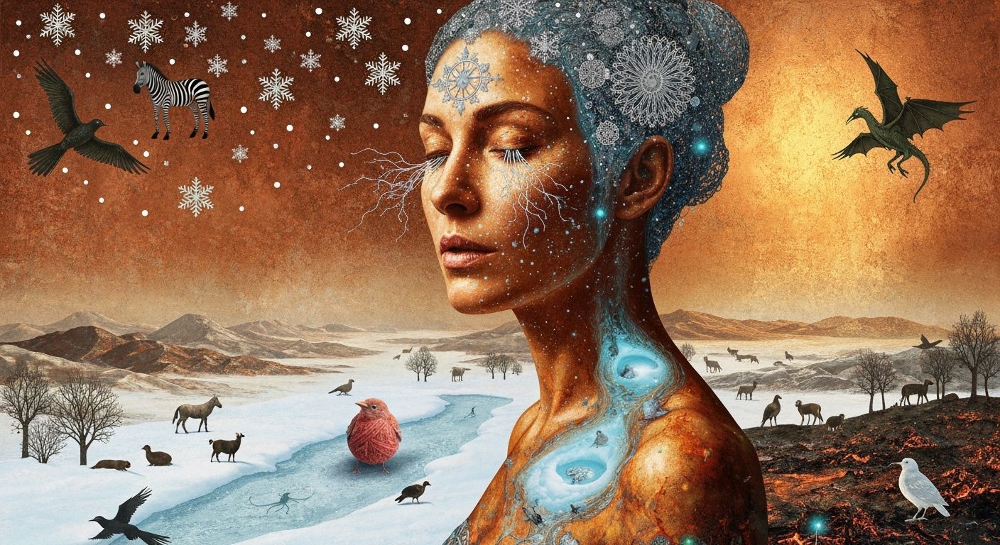 Mystical Shaman in Bioluminescent Frozen Oasis