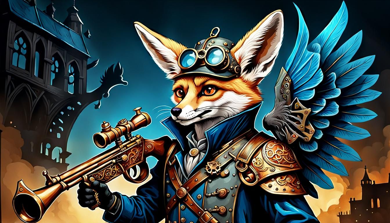 Steampunk Jester Vulpine: Fennec Fox with Stork Wings and Bl...
