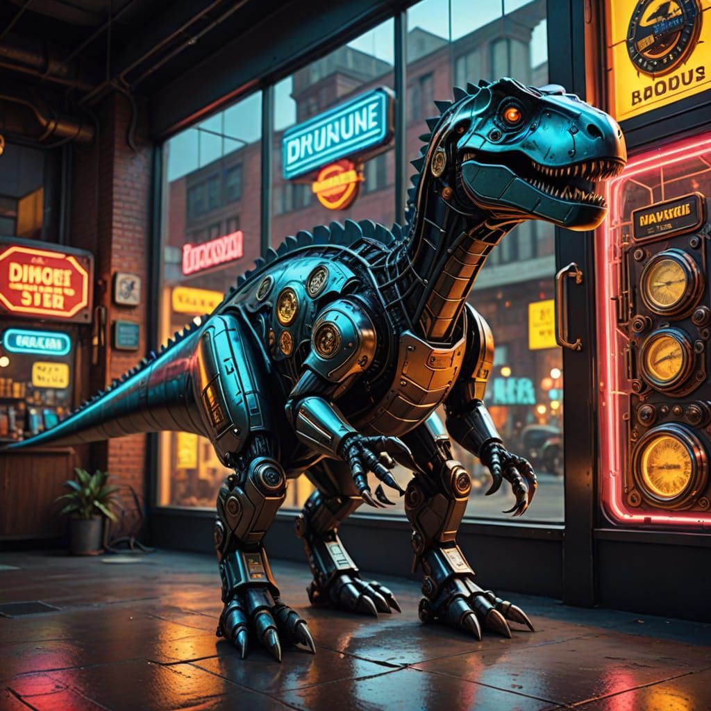 Vintage Sci-Fi Dinosaur Detroit Machine in a Retro Store Win...