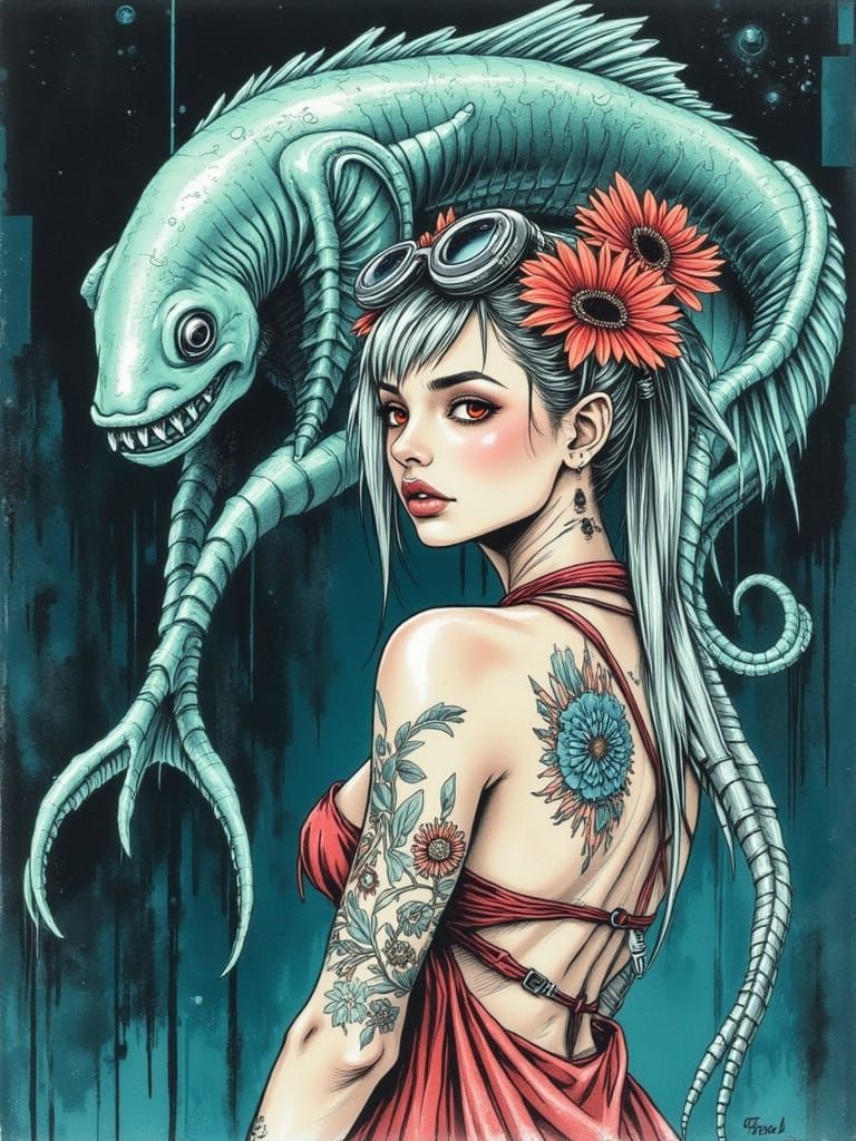 Woman and Oarfish Statue Watercolor Painting