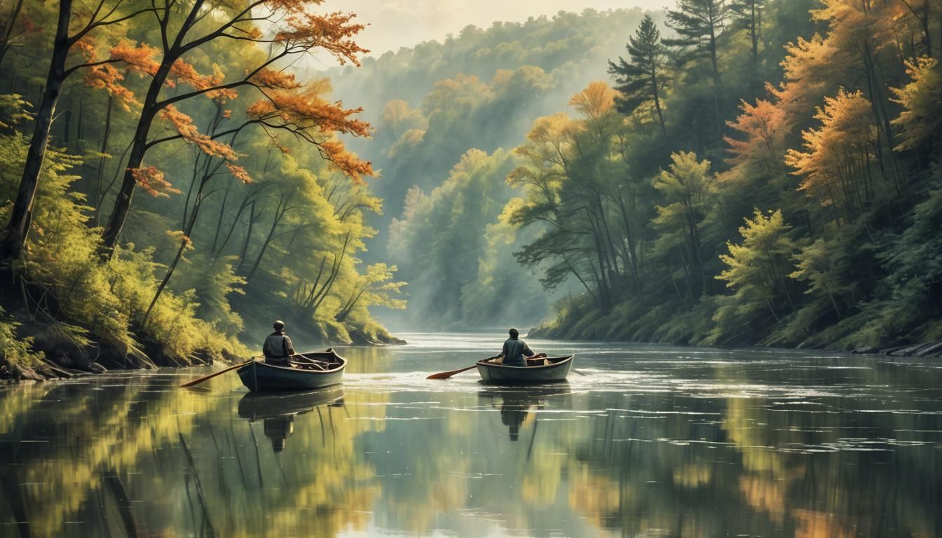 Rowboat on Pennsylvania River: Digital Watercolor Art