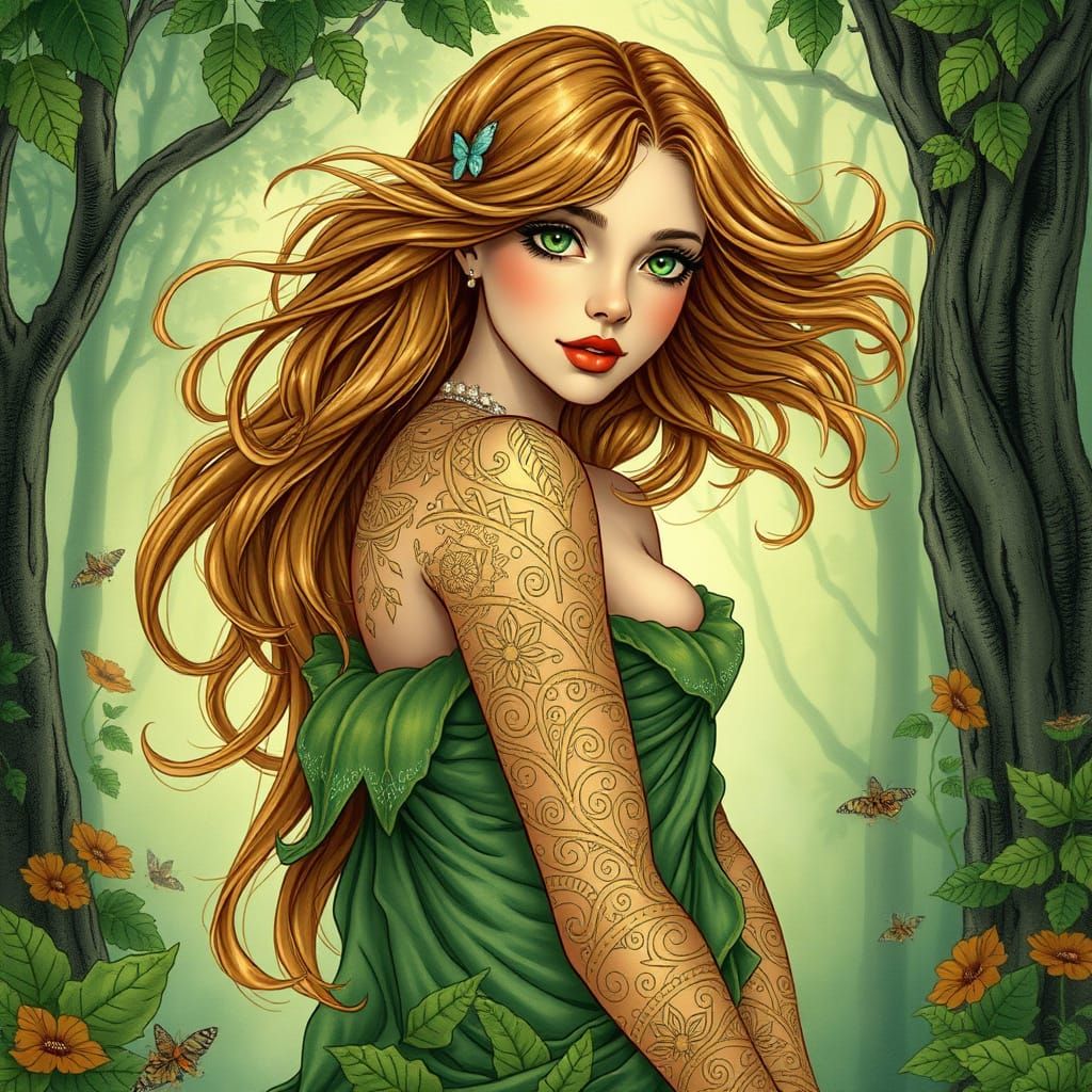 Emerald-Eyed Dryad with Golden Tattoos in Art Nouveau Style