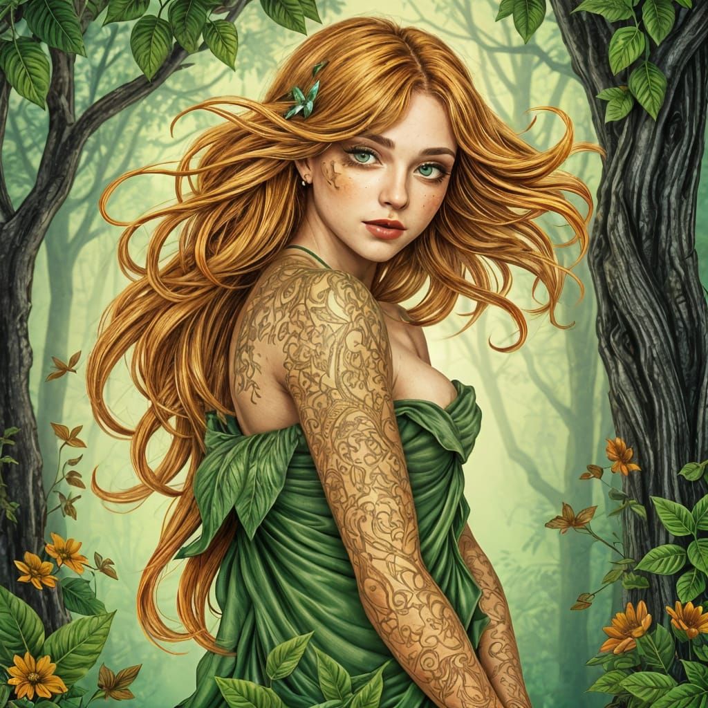 Emerald-Eyed Dryad with Golden Tattoos: Fantasy Art