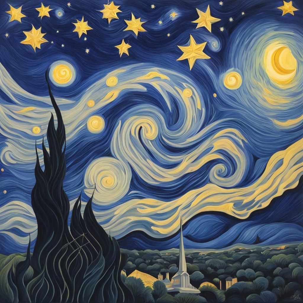 Detailed Gouache Painting of The Starry Night