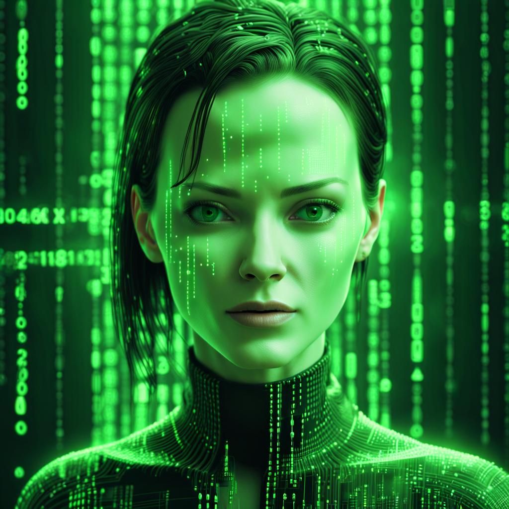 Matrix Code: Woman's Face in Binary Light