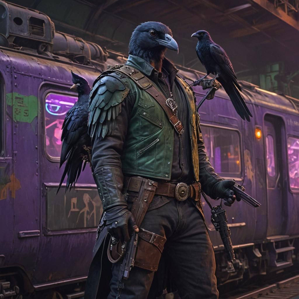 Bird-Headed Cowboy in Futuristic Western Train