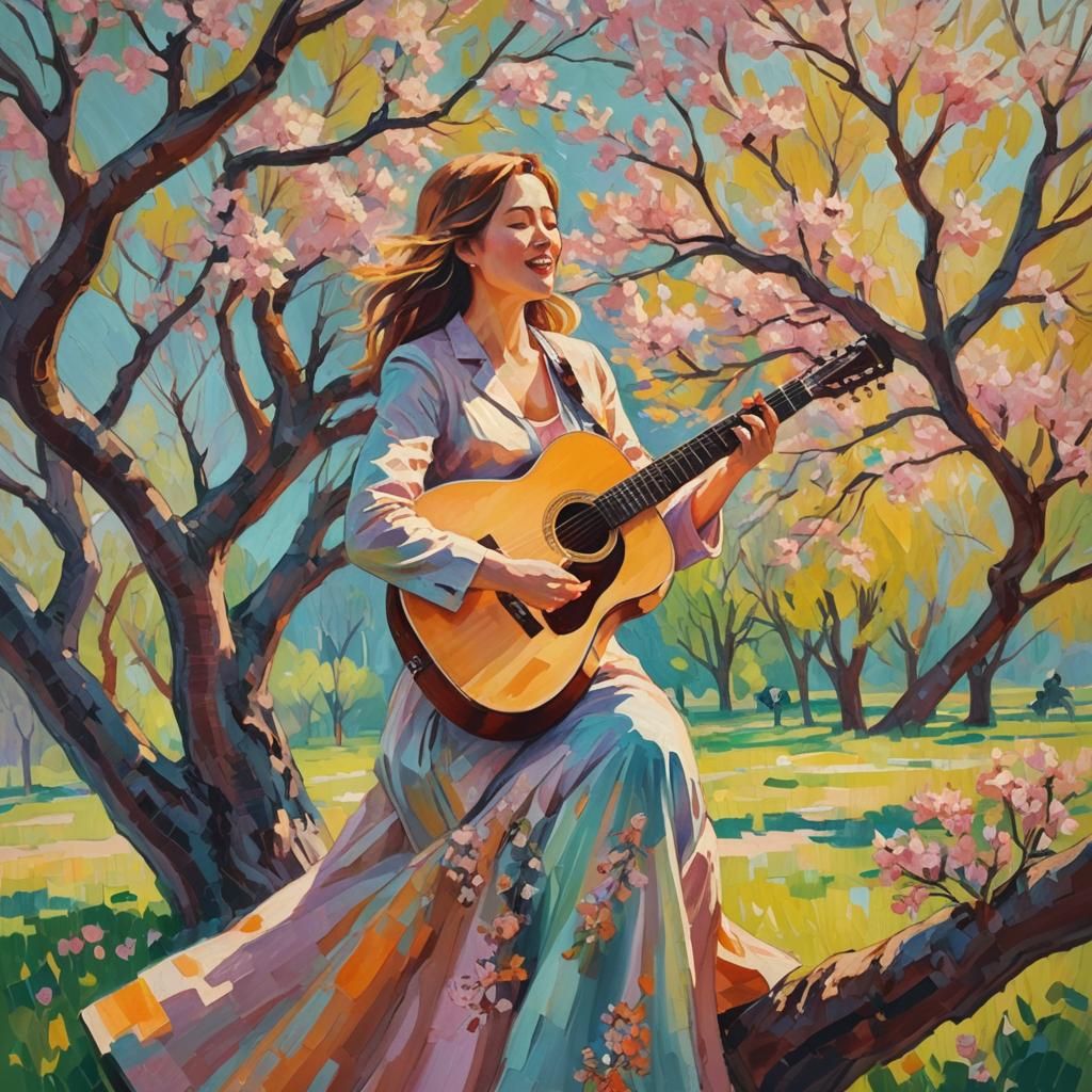 Impressionist Woman Singing Under Blooming Tree