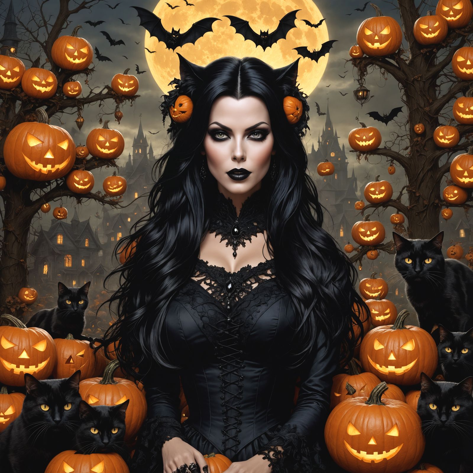 Gothic Enchantress with Jack-o-Lanterns and Bats