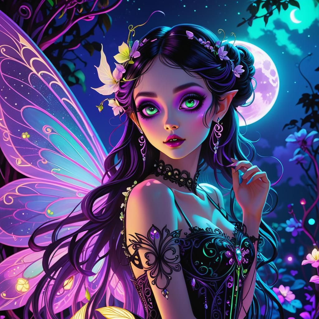 Gothic Fairy in Neon Garden, Black Light Art