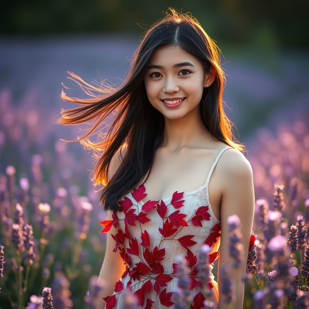 Japanese Woman in Lavender Field with Red Leaf Dress