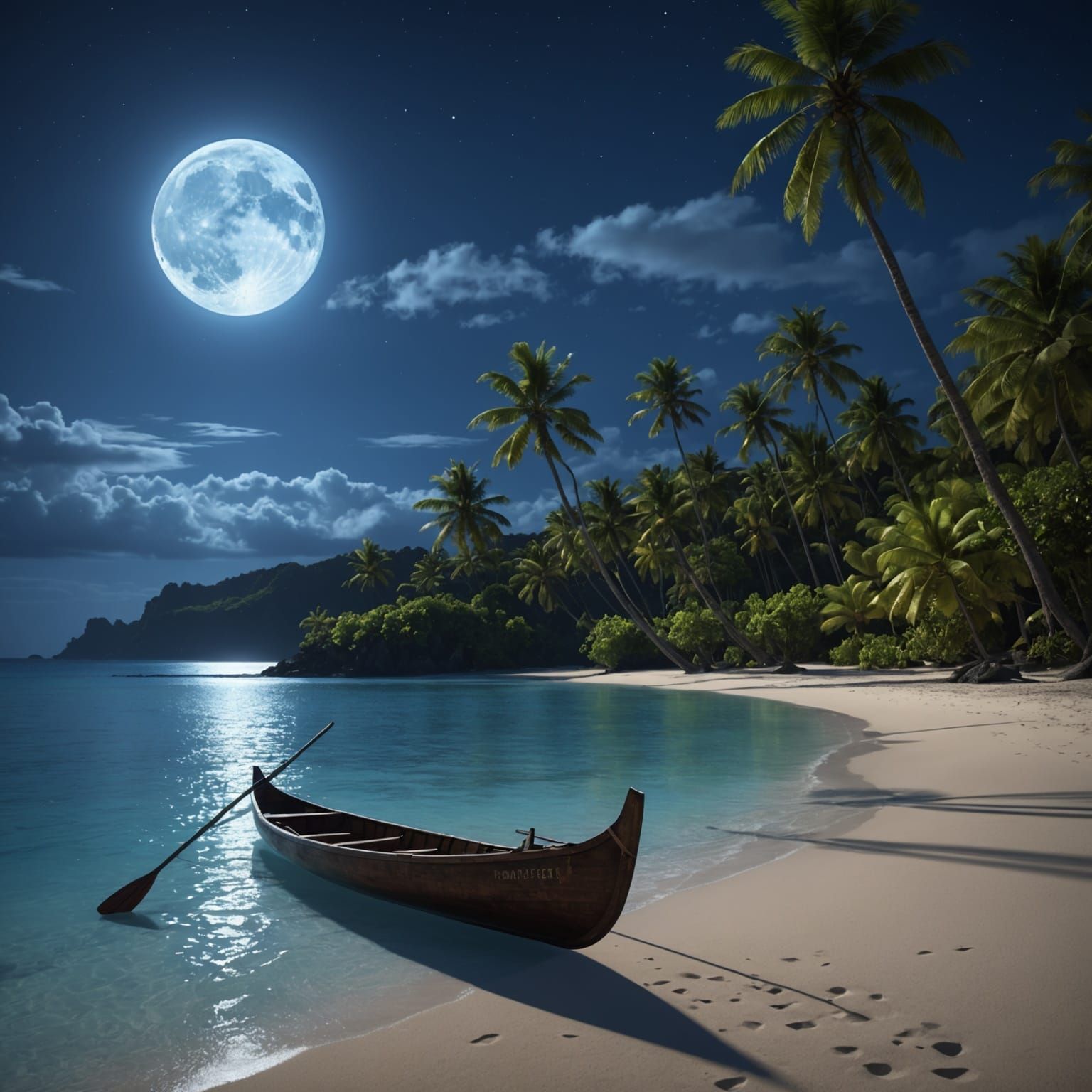 Moonlit Hawaiian Beach With Outrigger Canoe
