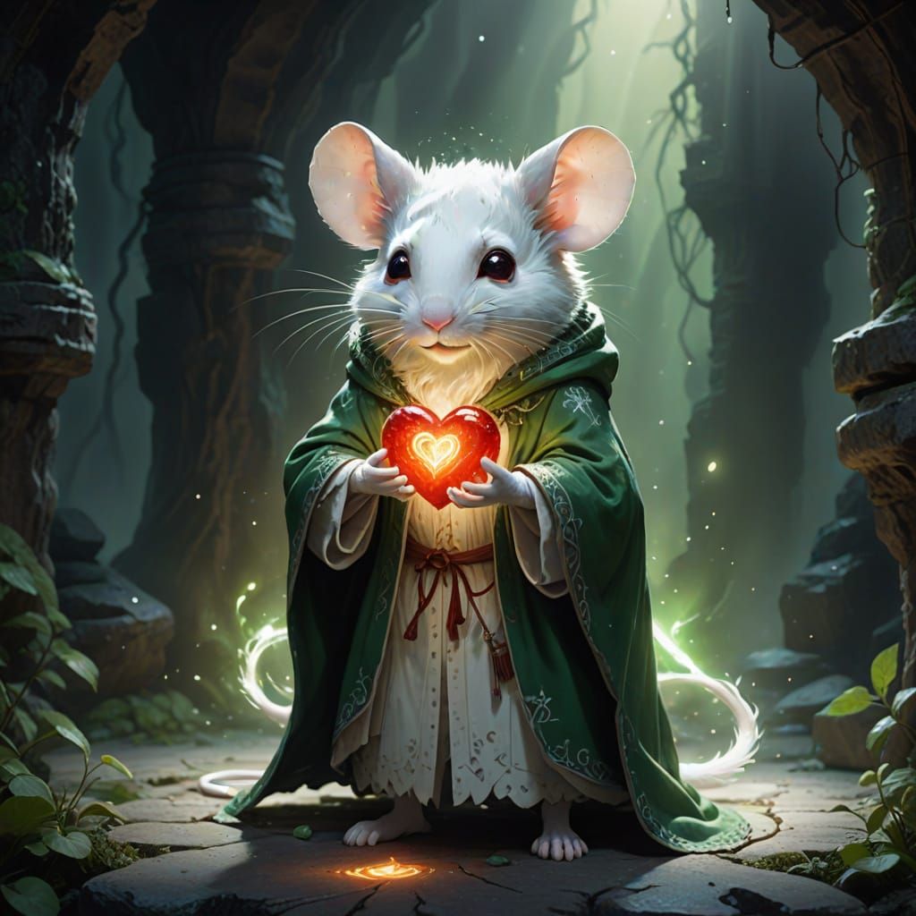 Whimsical Mouse Maiden Holding Glowing Heart in Caverns