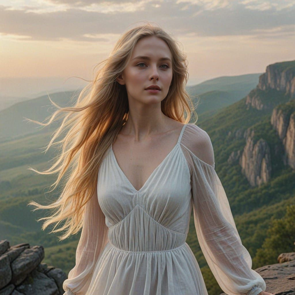 Ethereal Woman in White Dress at Sunset