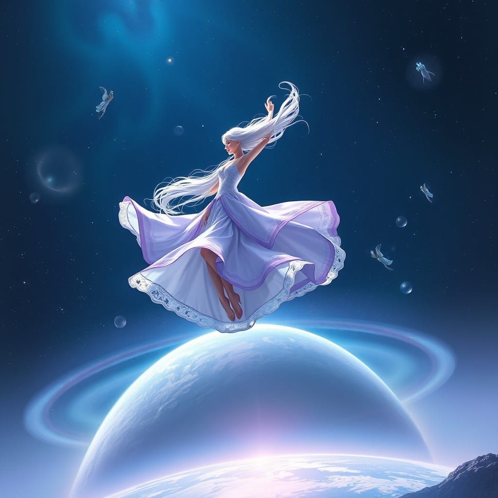 Cosmic Dancer on Ringed Planet in 8K