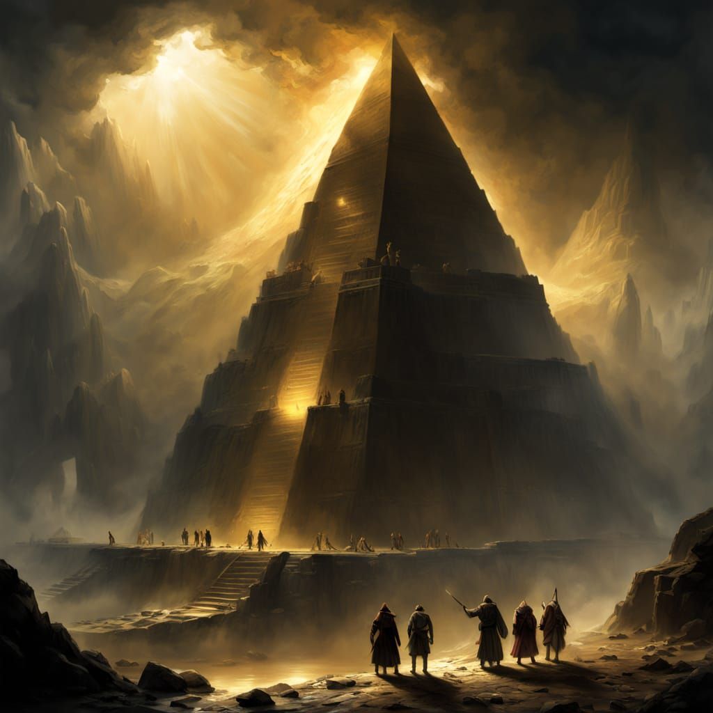 Figures Support Golden Pyramid in Dramatic Lighting