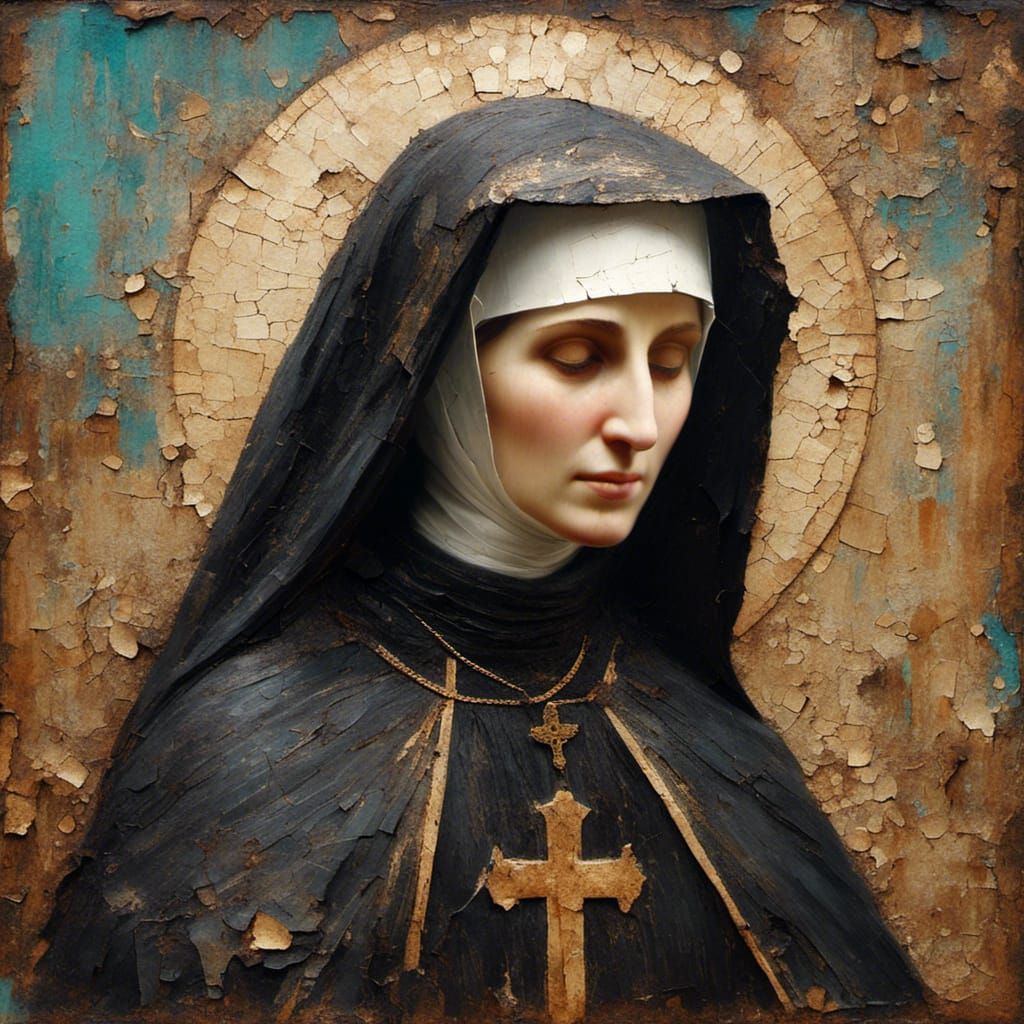Icon of Saint Faustina as Oil Painting with Craquelure