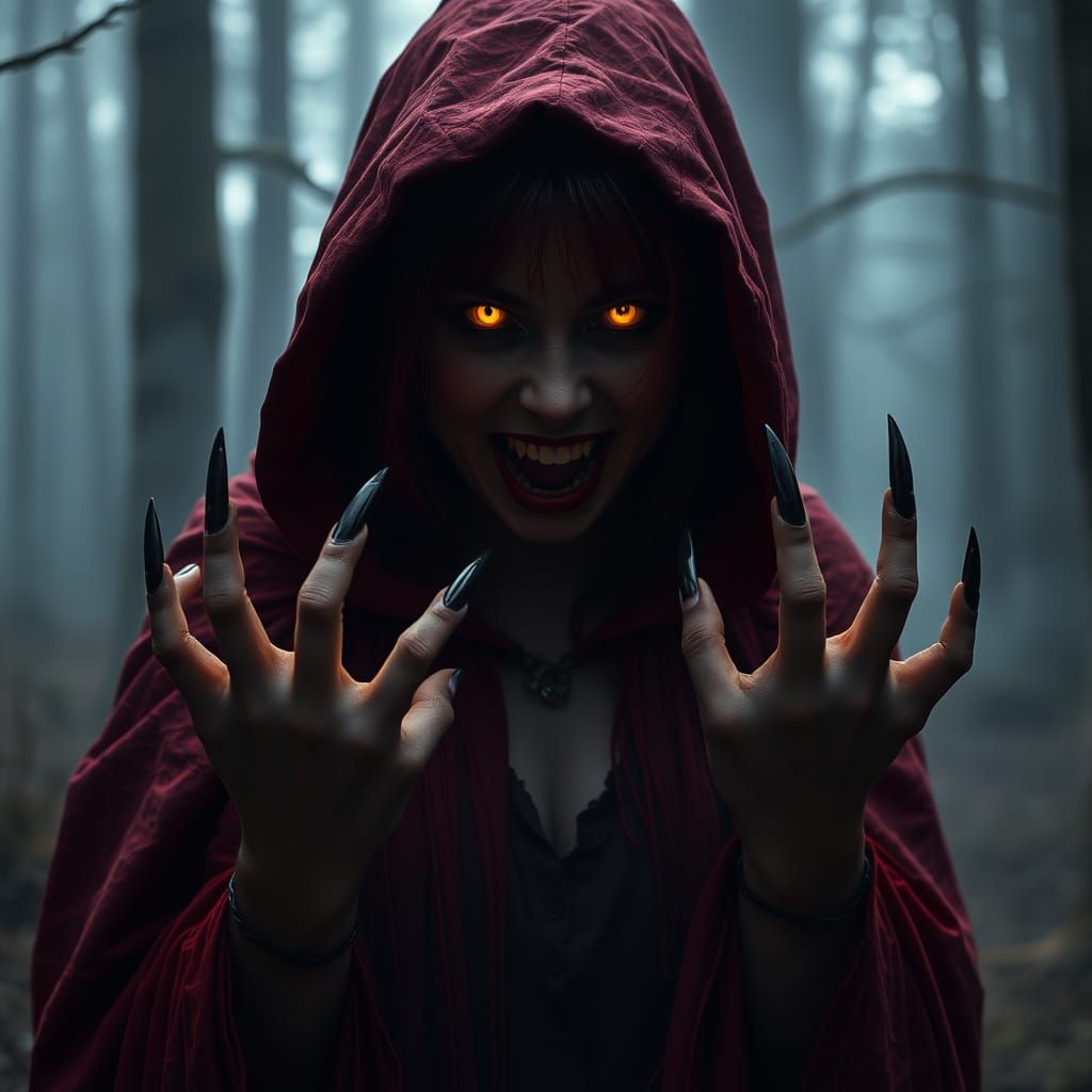 Sinister Red Riding Hood in Dark, Misty Forest