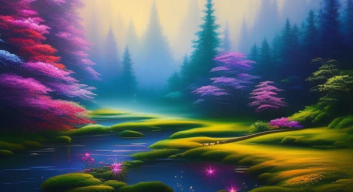 Magical Landscape with Fairy Lights as Oil Painting