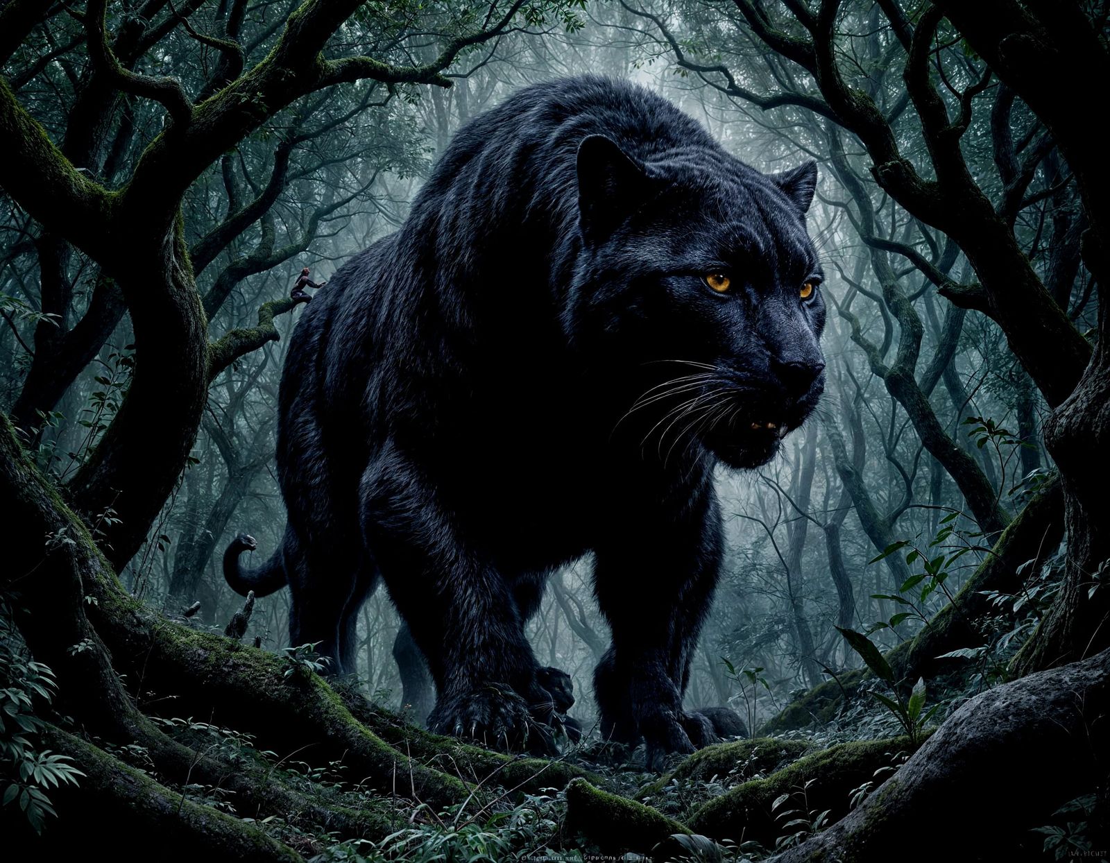 Sinister Black Panther in Forest: Stipple Illustration