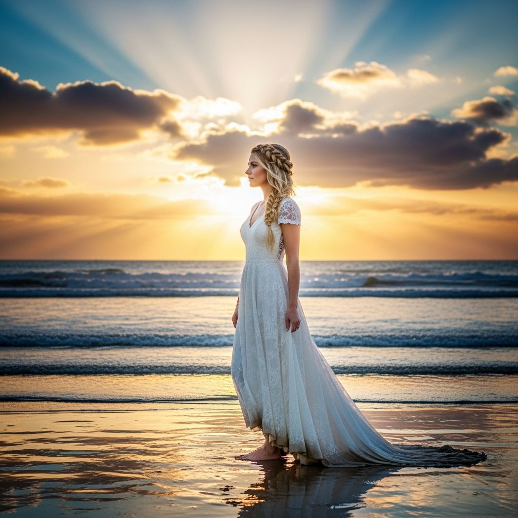 Bride in Gown at Beach with Golden Light