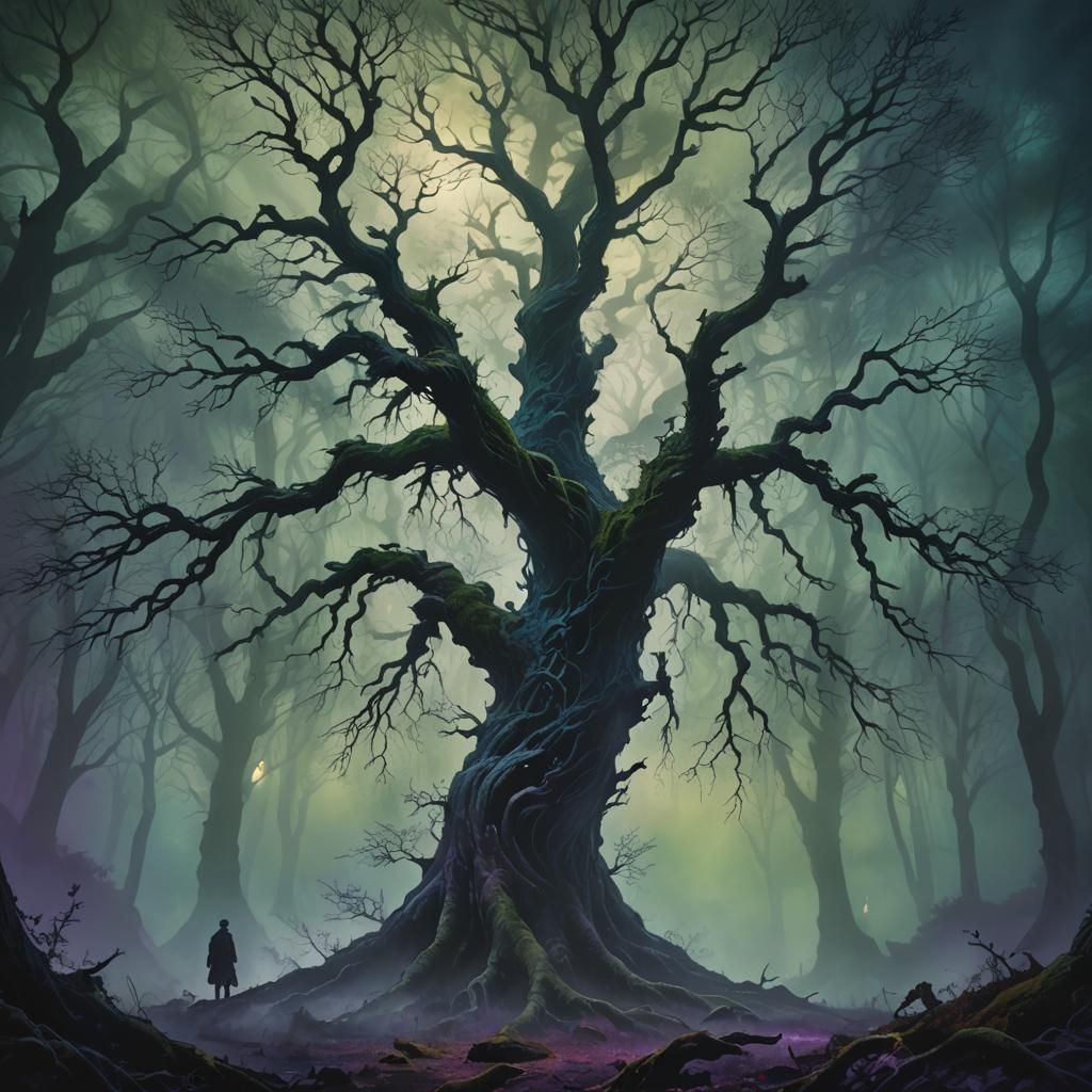 Ominous Shadow in Misty Forest: Dark Fantasy Art