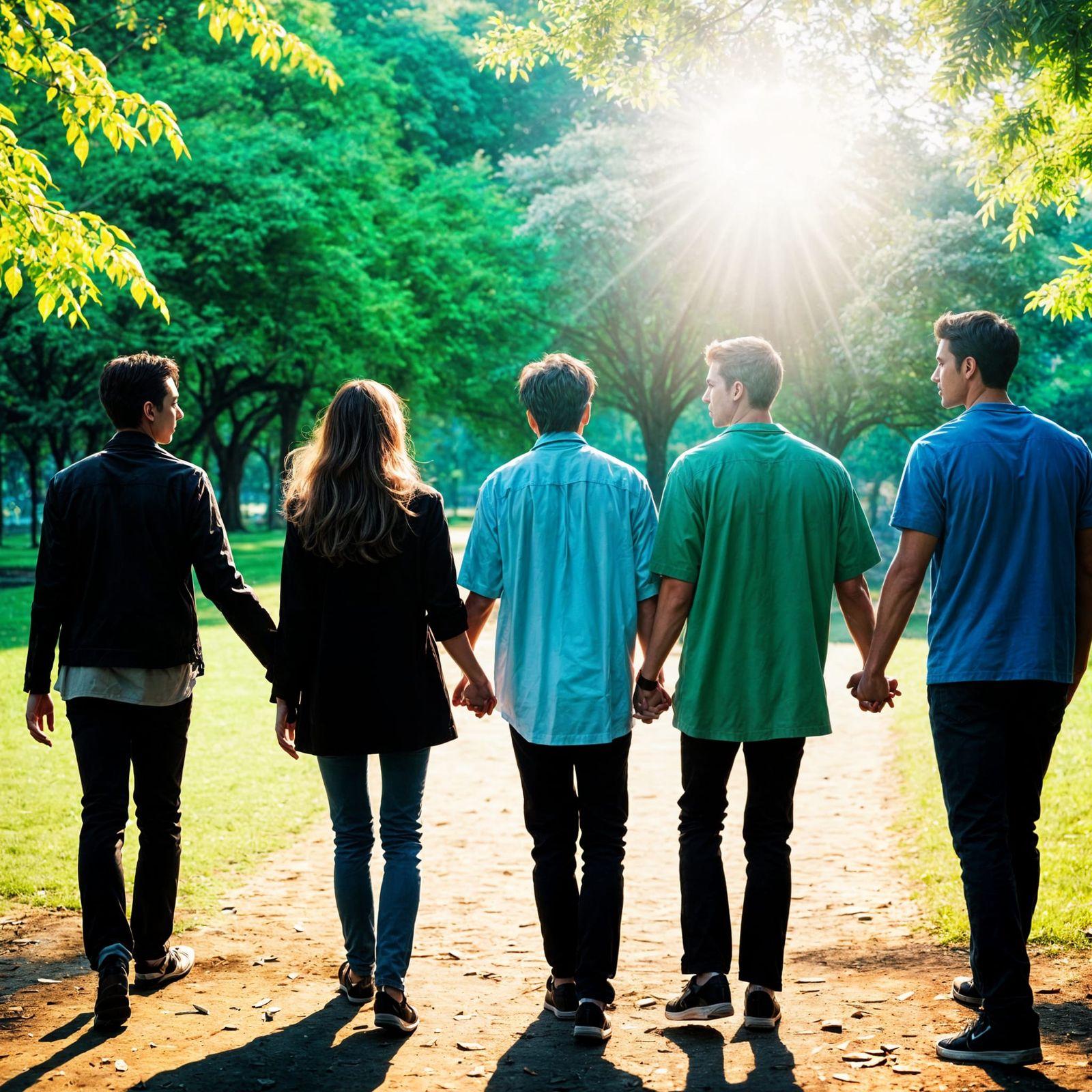 Friends Holding Hands in Sunny Anime Park