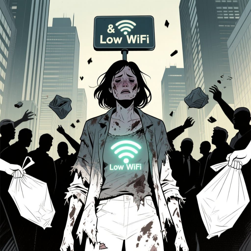 Desperate Woman in Cityscape, Low Wifi Symbol