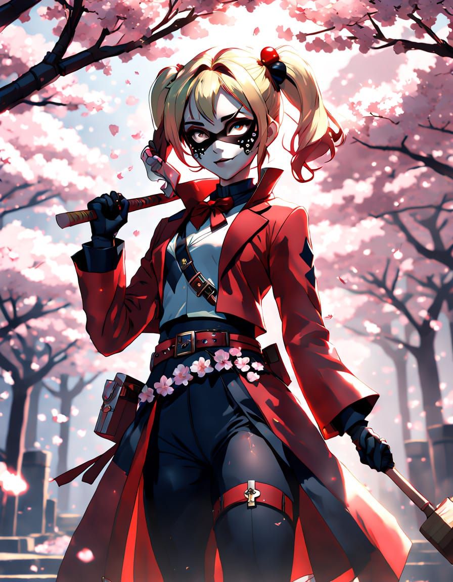 Ghibli-Inspired Harley Quinn in Cherry Blossom Smoky Room