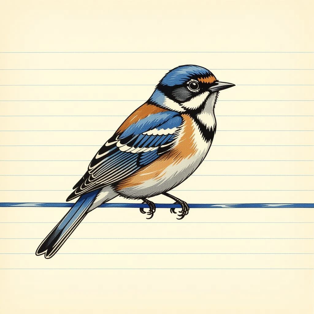 Image on lined paper. Bird perching on line