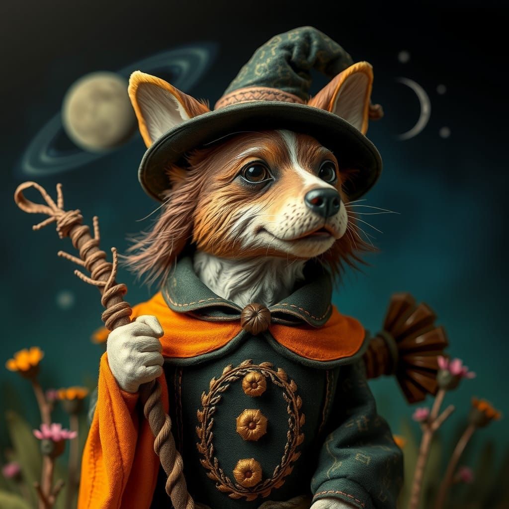 Dog in Witch Costume: Whimsical 3D Folk Art