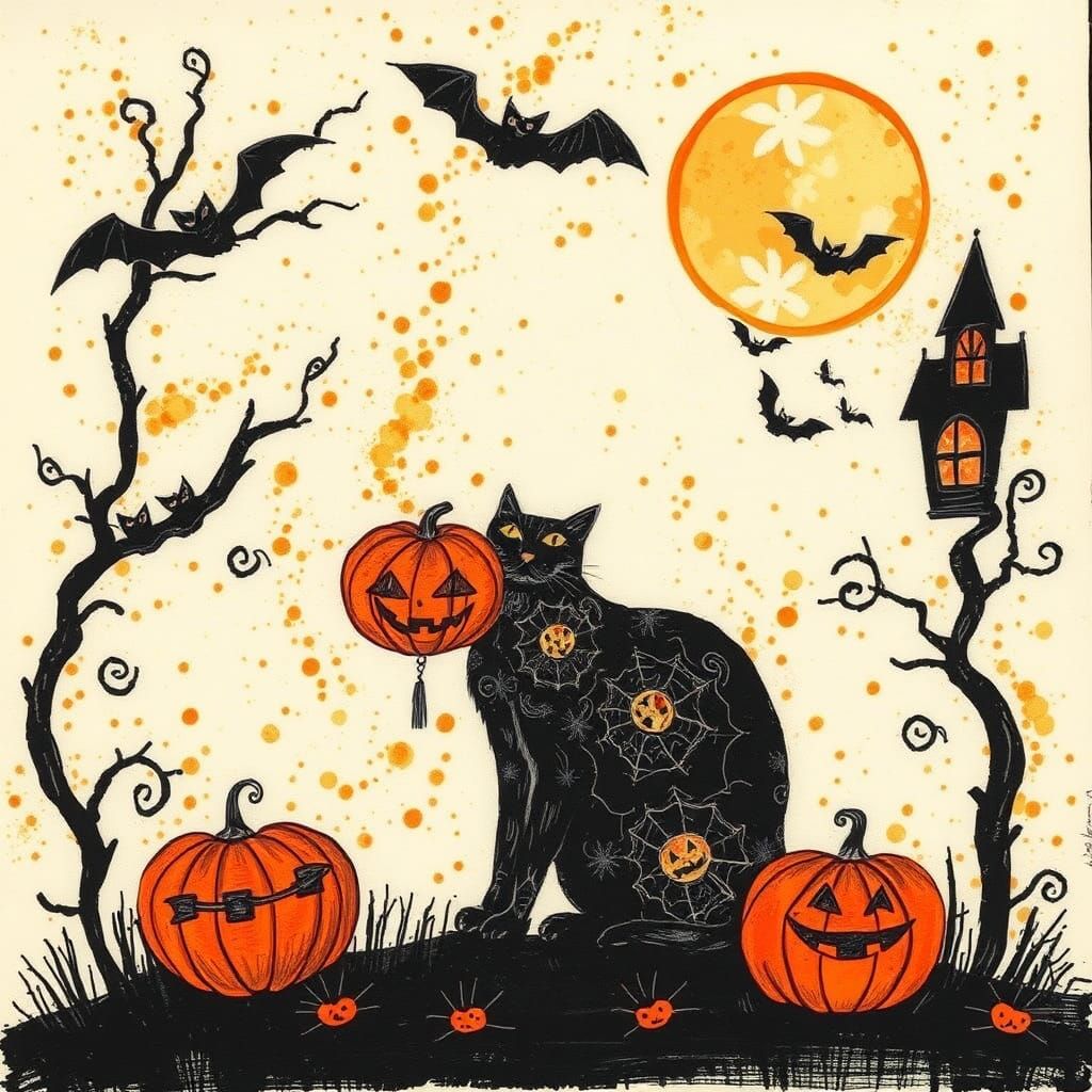 Halloween Cat in Gelli Print Style