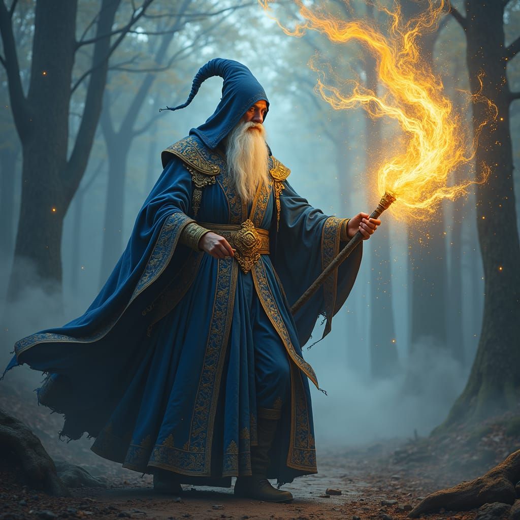 Regal Sorcerer Unleashing Golden Magic in Fantasy Art
