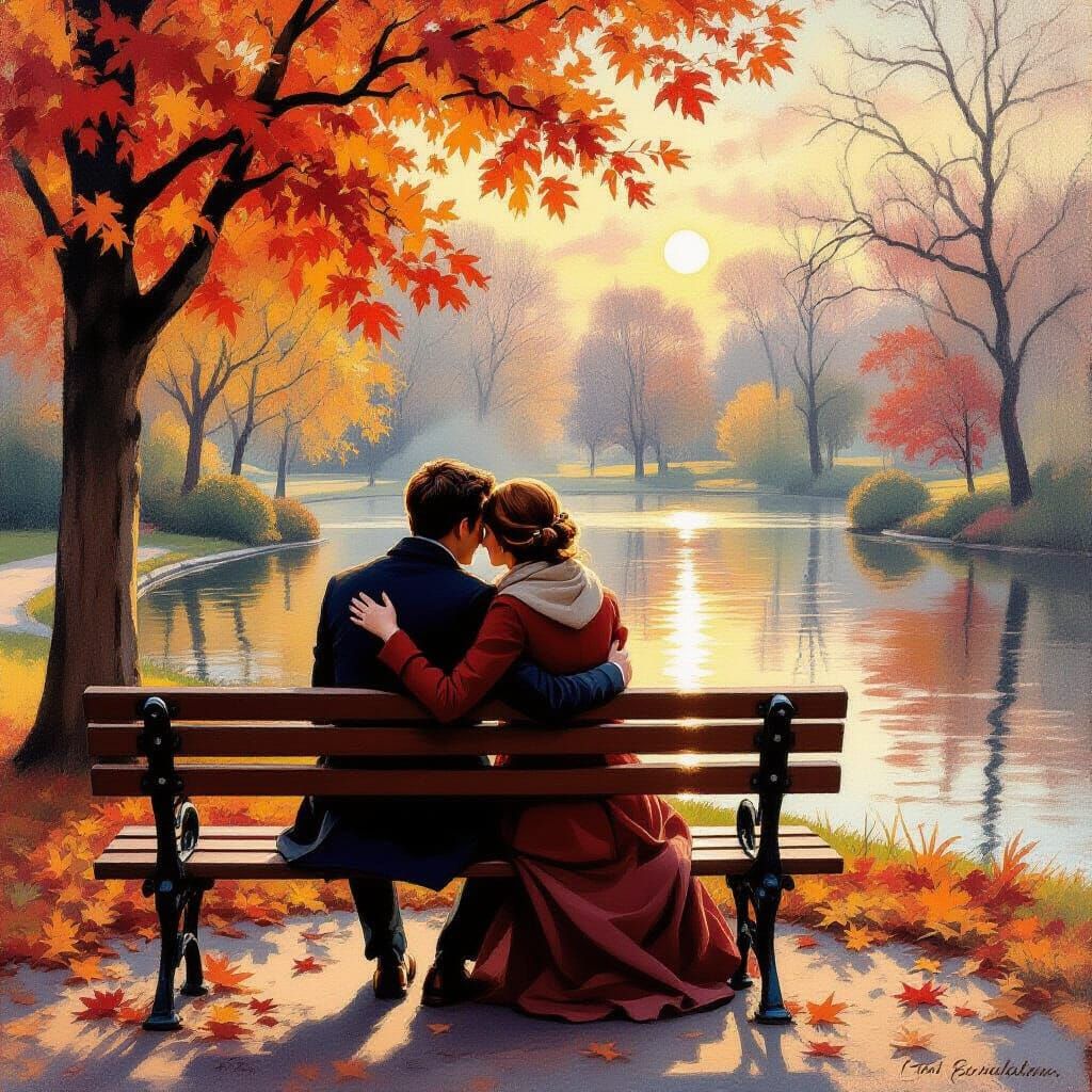 Romantic Autumn Embrace in Pastel Style