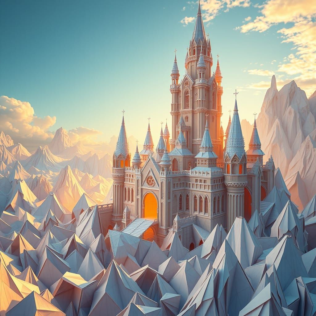 Majestic Origami Castle Rises from Whispers of Iridescent Pa...