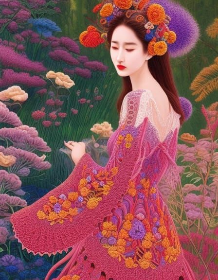 Woman in Floral Lace Dress with Ink Flow