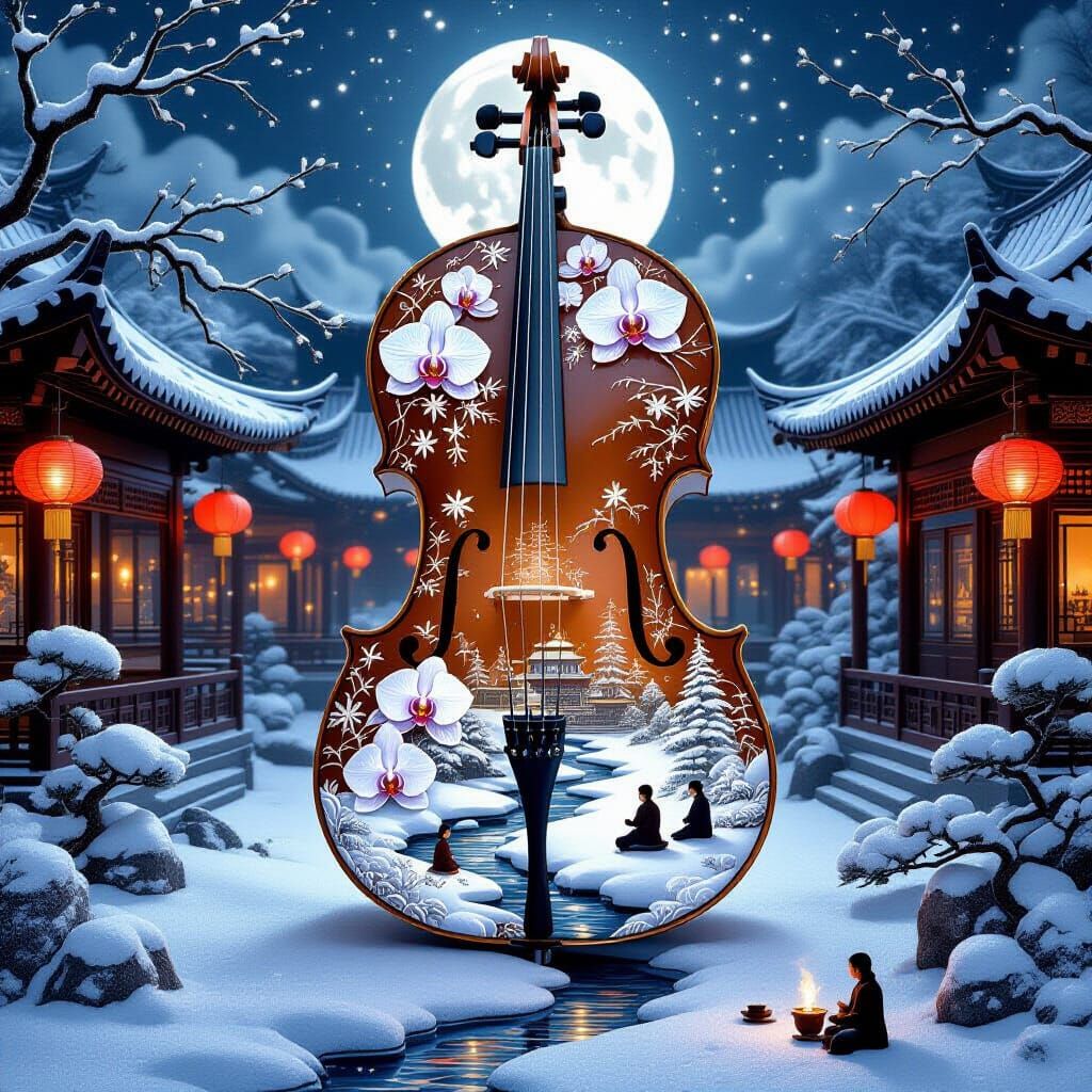 Winter Sanctuary Cello with Moon Orchids and Bonsai