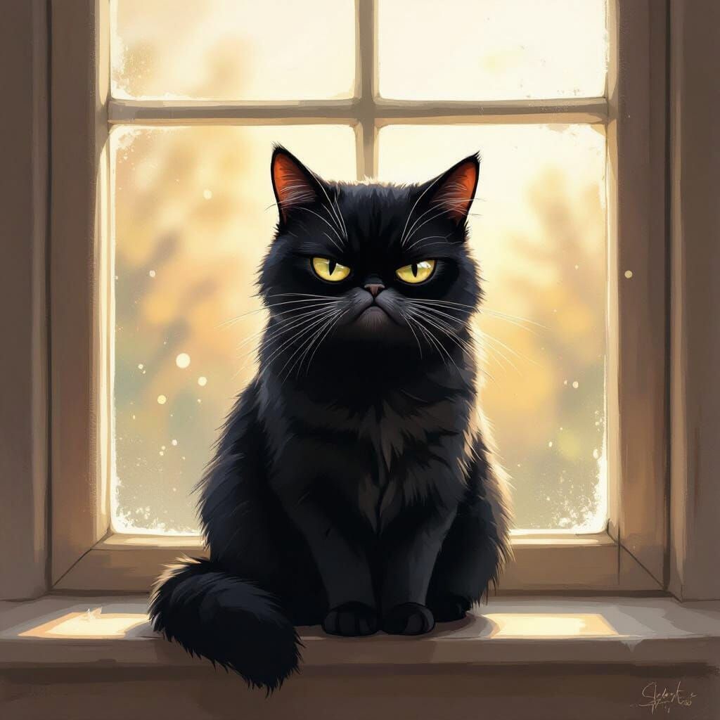 Grumpy Black Cat Portrait with Sunlight