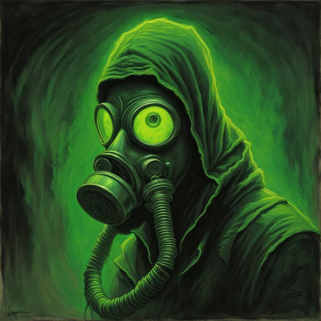 Neon Gas Mask of Hate in Horror Etching Style