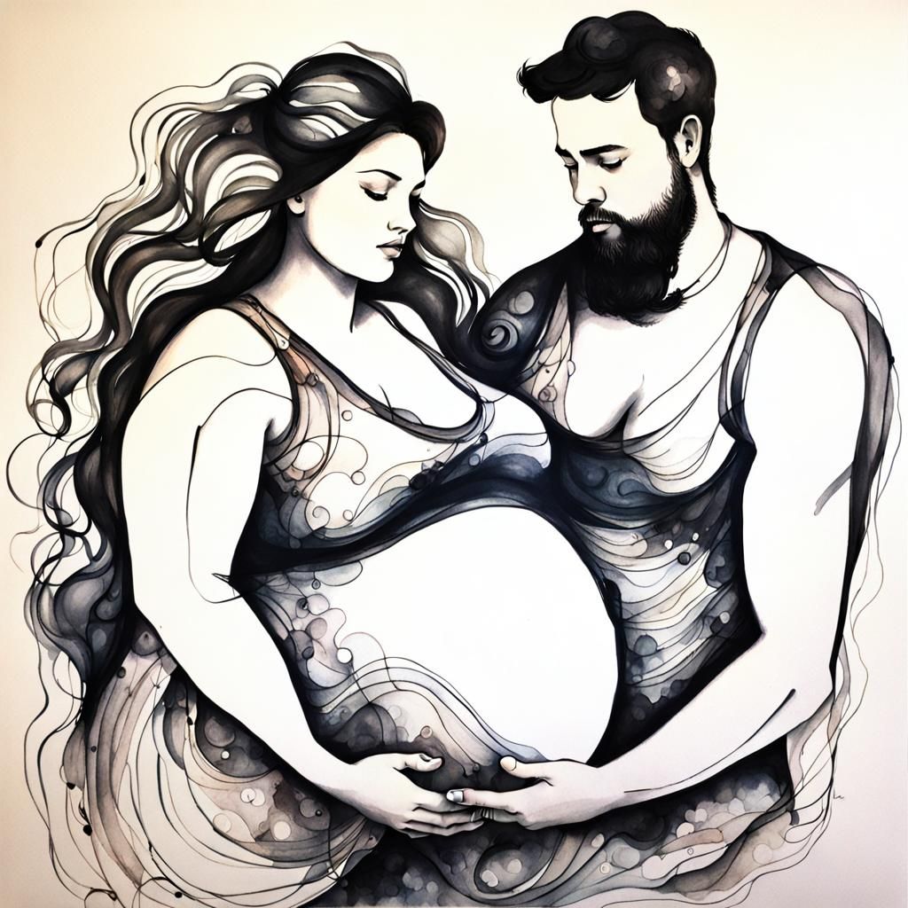 Pregnant Woman with Men: Ink and Alcohol Ink Art