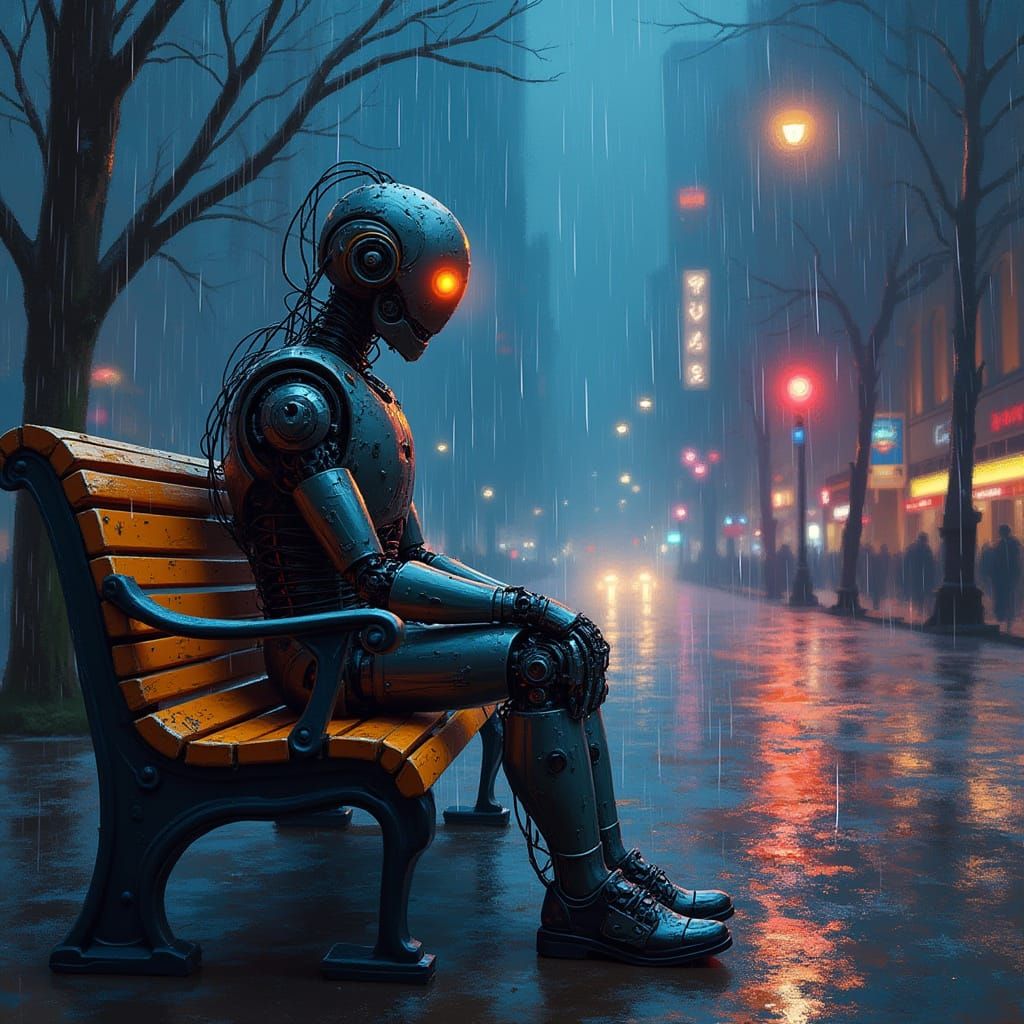 Neo-Expressionist Robot Watches the Rain in Neon City