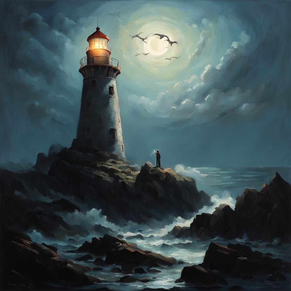 Moonlit Sea Serpent Coiled Around Crumbling Lighthouse