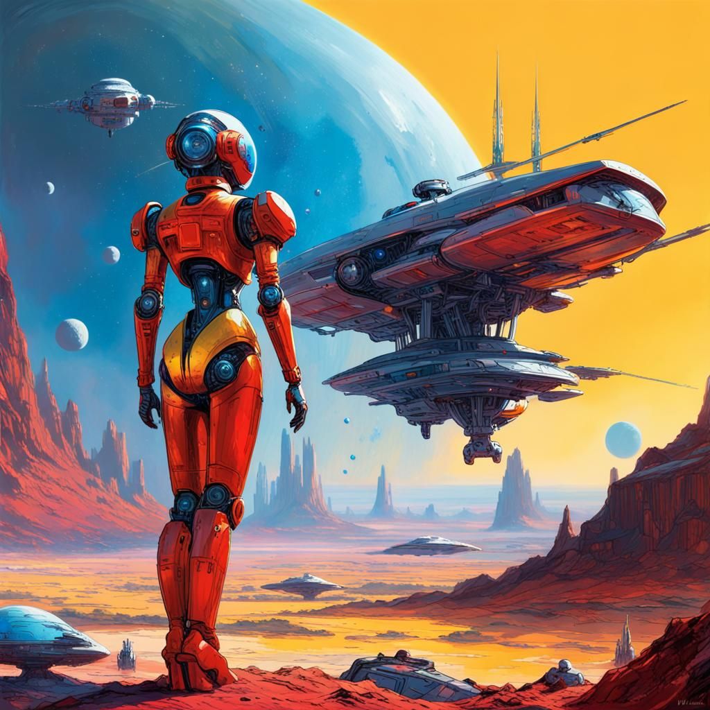 Cyborgs and Robots on Barren Planet, in Sci-Fi Style