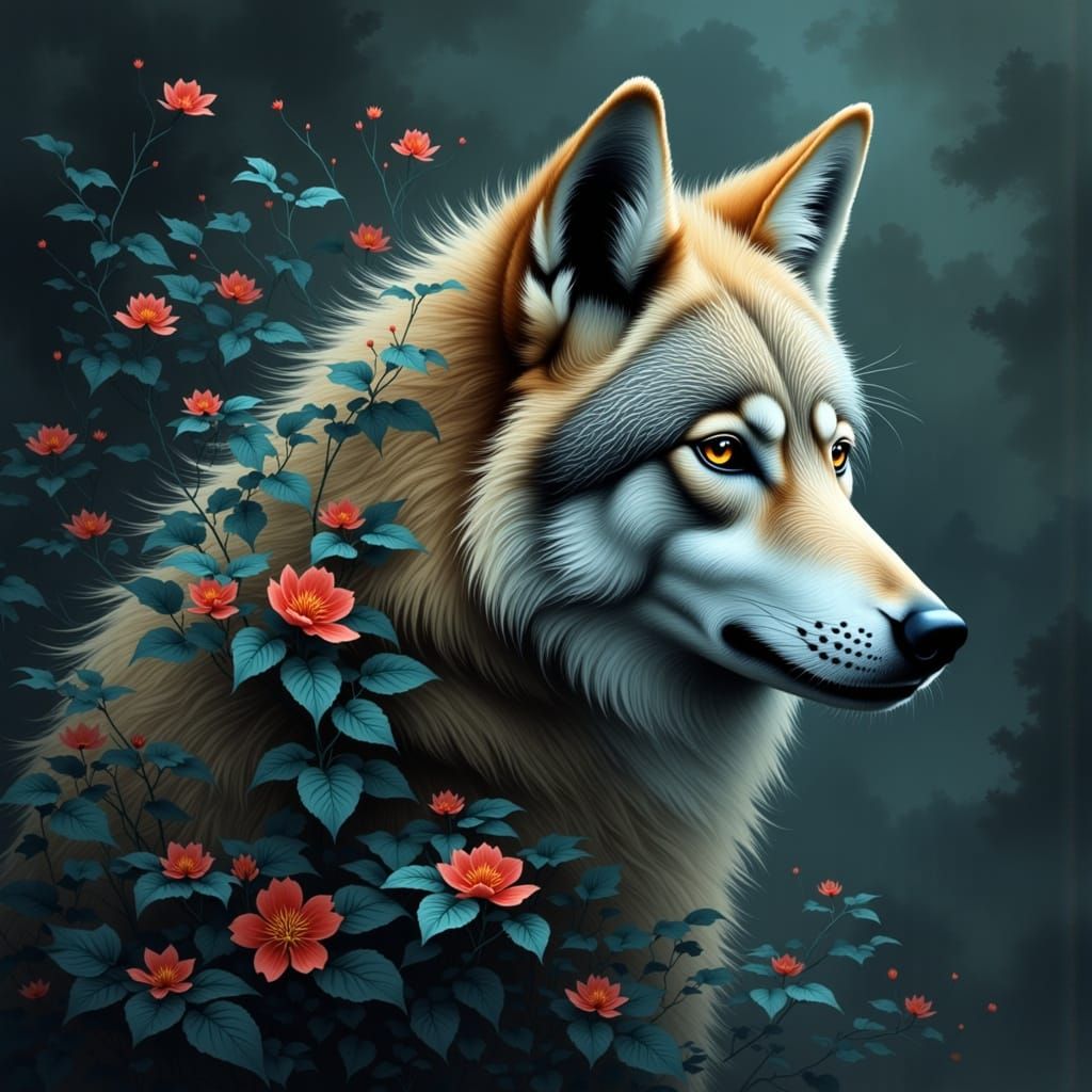 Wolf in Lush Nature as Digital Watercolour Art